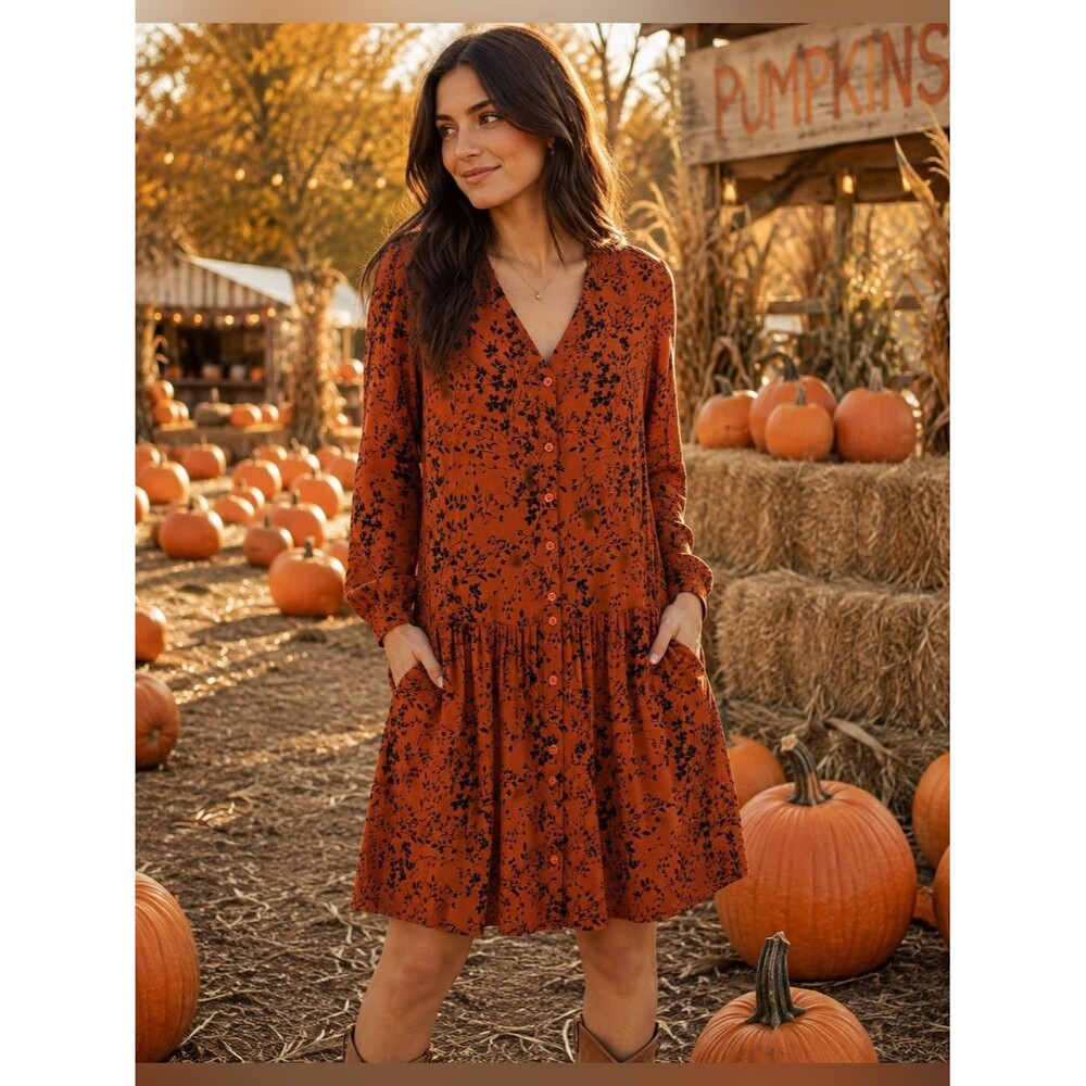 Garnet Hill Rust Black Floral Button Front Viscose Dress with Pockets Size 8